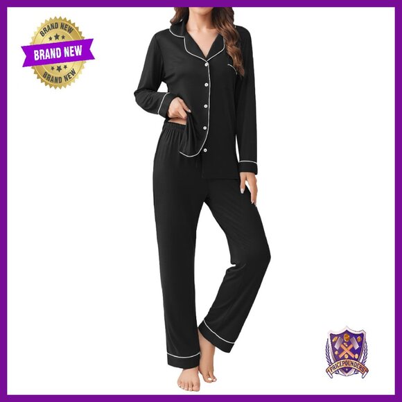Soft Rayon Pajama Set Long Sleeve Button Down Top & Pants Lounge Wear